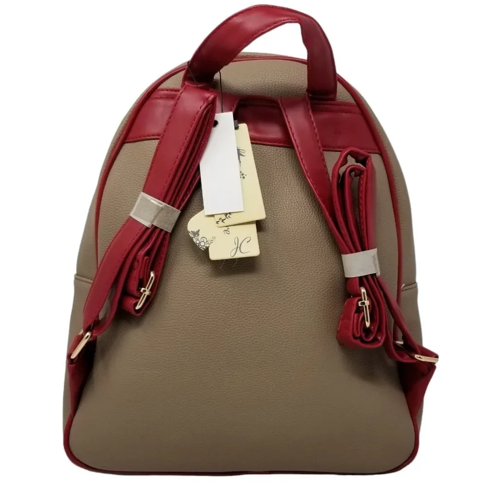 Queen Bee Taupe Red and Cream Large Pebbled Backpack Purse